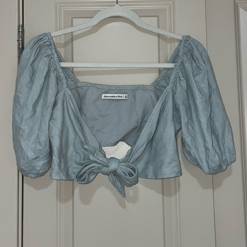 Abercrombie tie-front linen-blend puff sleeve top